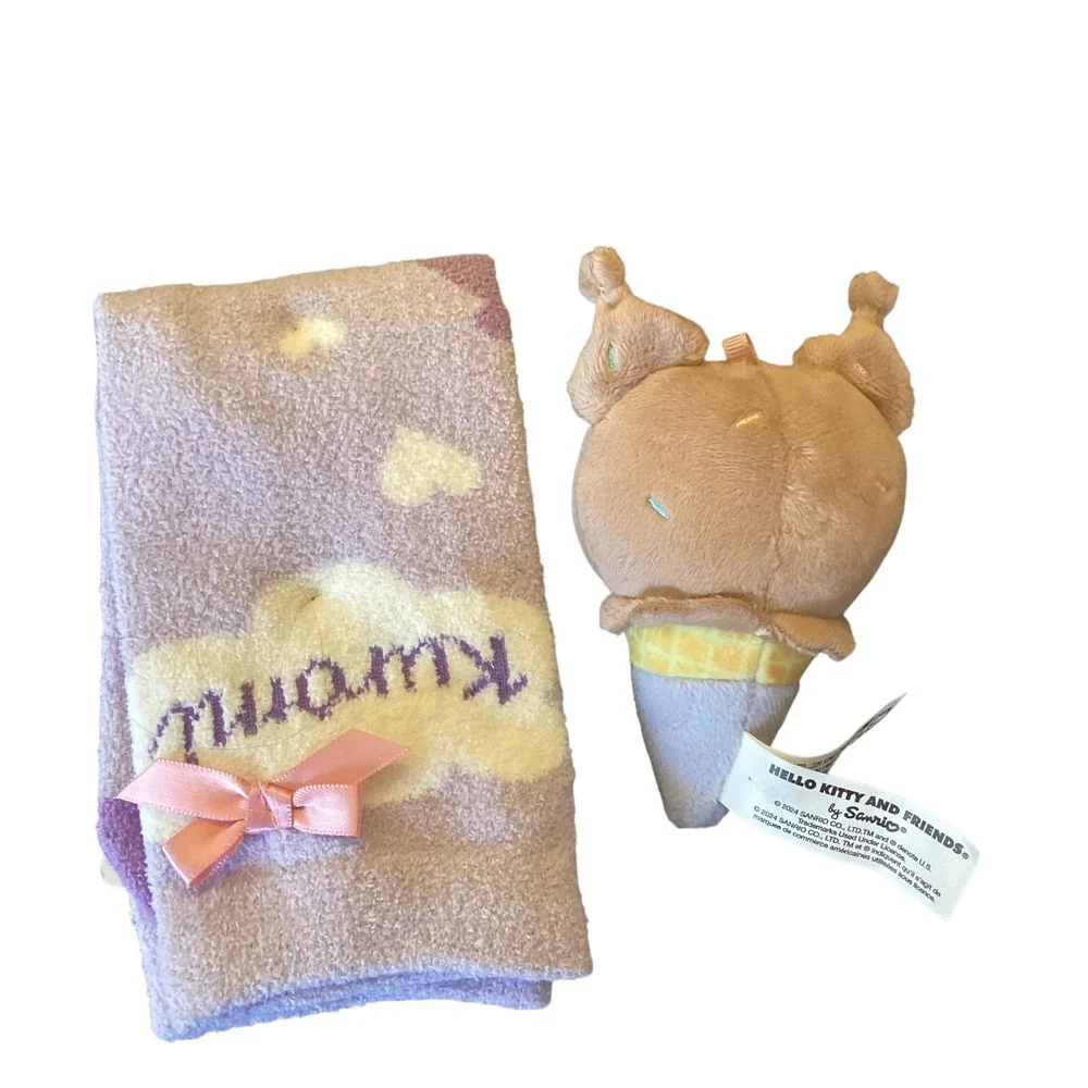 Sanrio Kuromi Miniso Fuzzy Socks and Gund Ice Cream Plush Keychain Bundle Purple